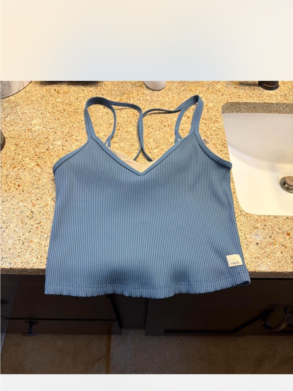 Vuori Ribbed V-Neck Crop Tank Top in Dusty Blue